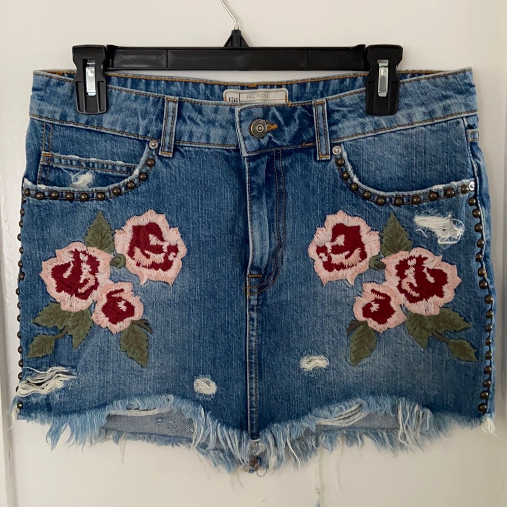 Free People Embroidered Denim Mini Skirt